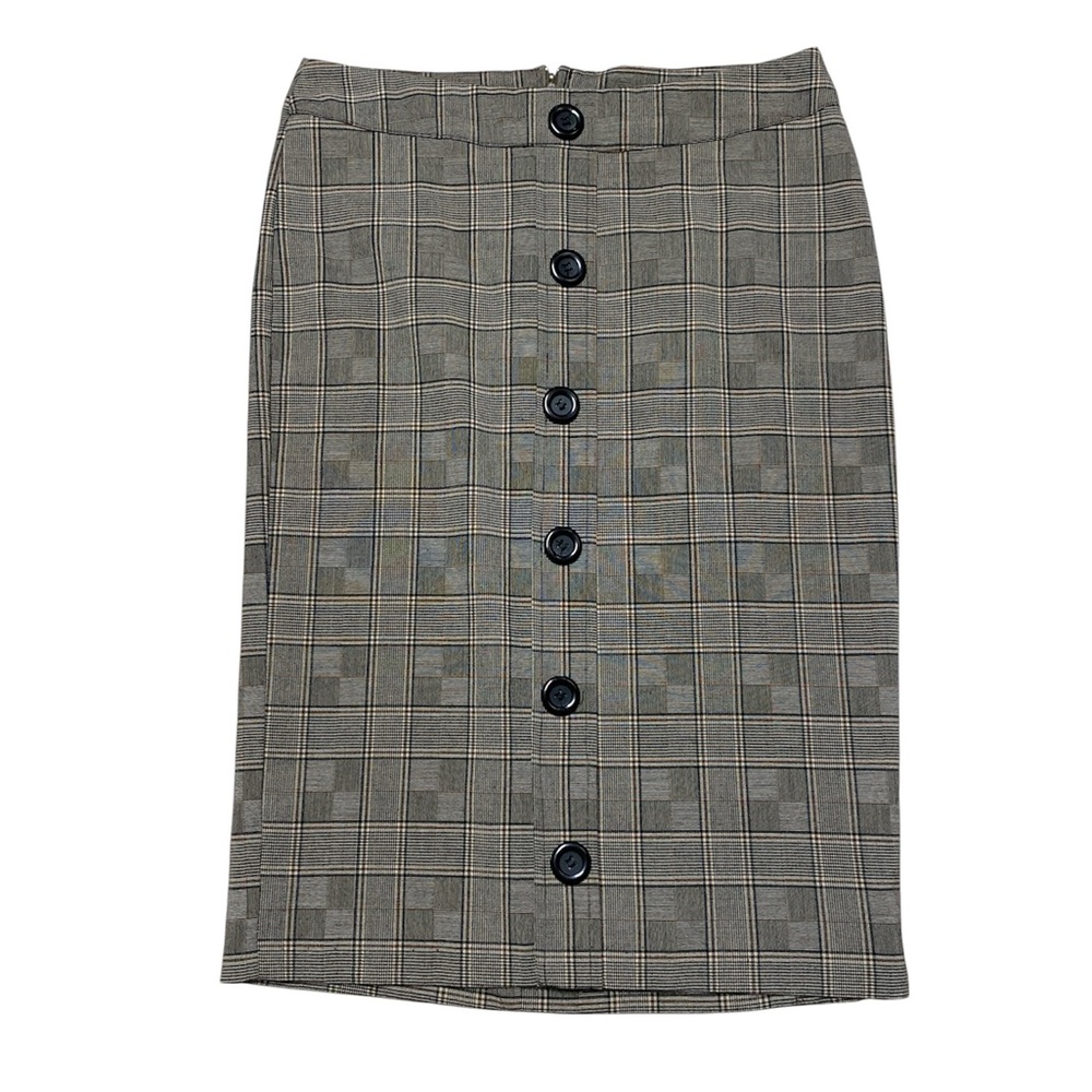 Max Rave Pencil Midi Skirt Women’s 5 Brown Plaid Y2K Business Casual Faux Button